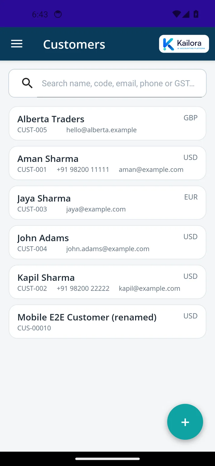 Customer list in the Kailora mobile app