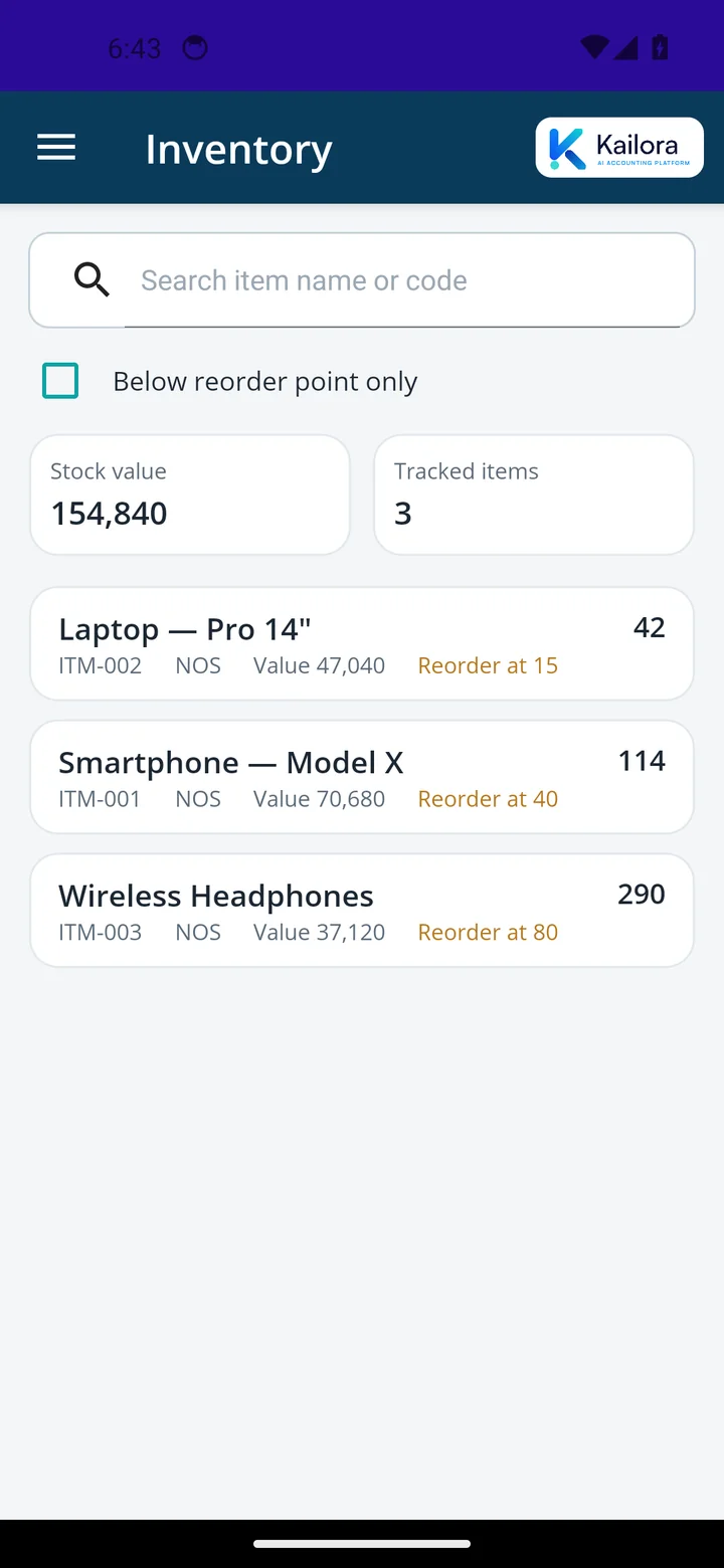 Kailora Android app — inventory