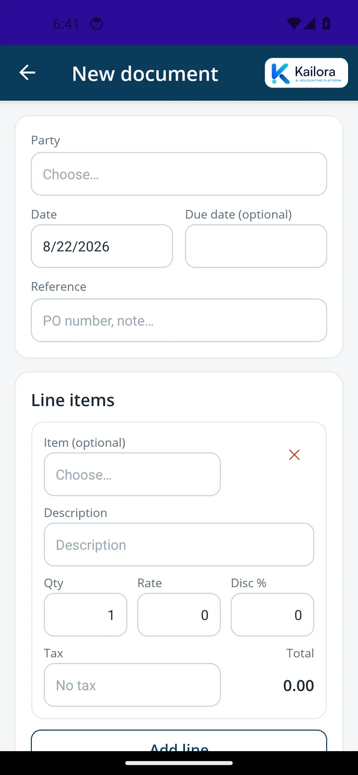 Kailora Android app — invoice editor