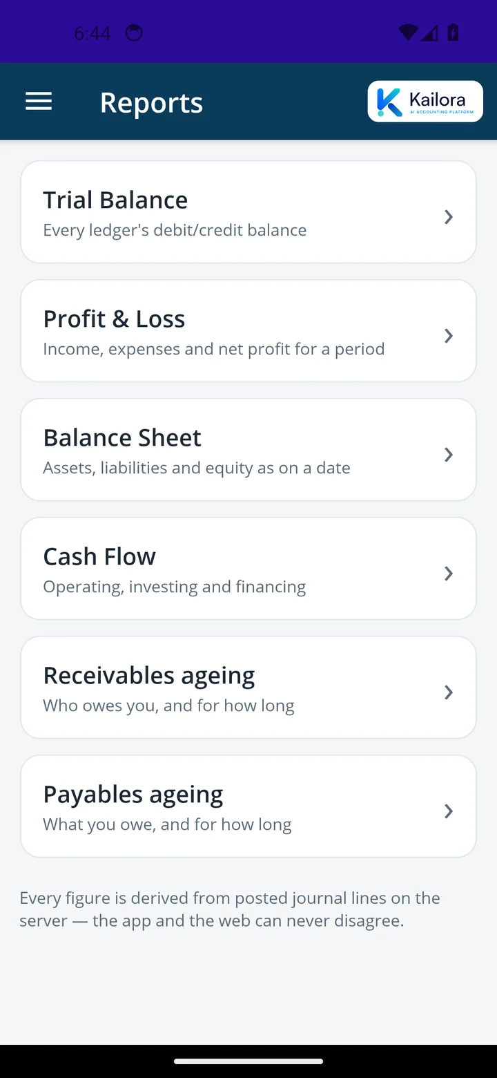Kailora Android app — reports