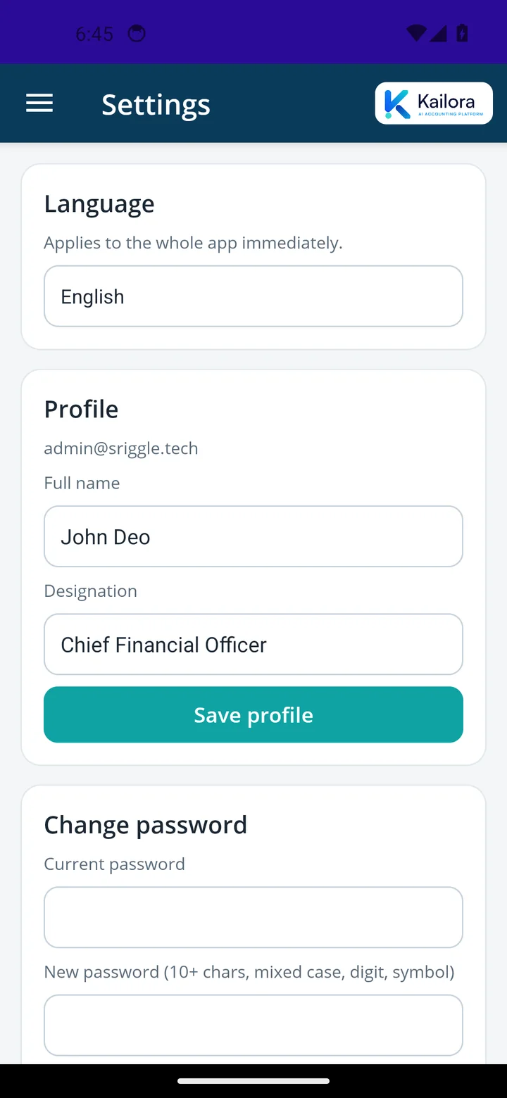 Settings screen in the Kailora mobile app