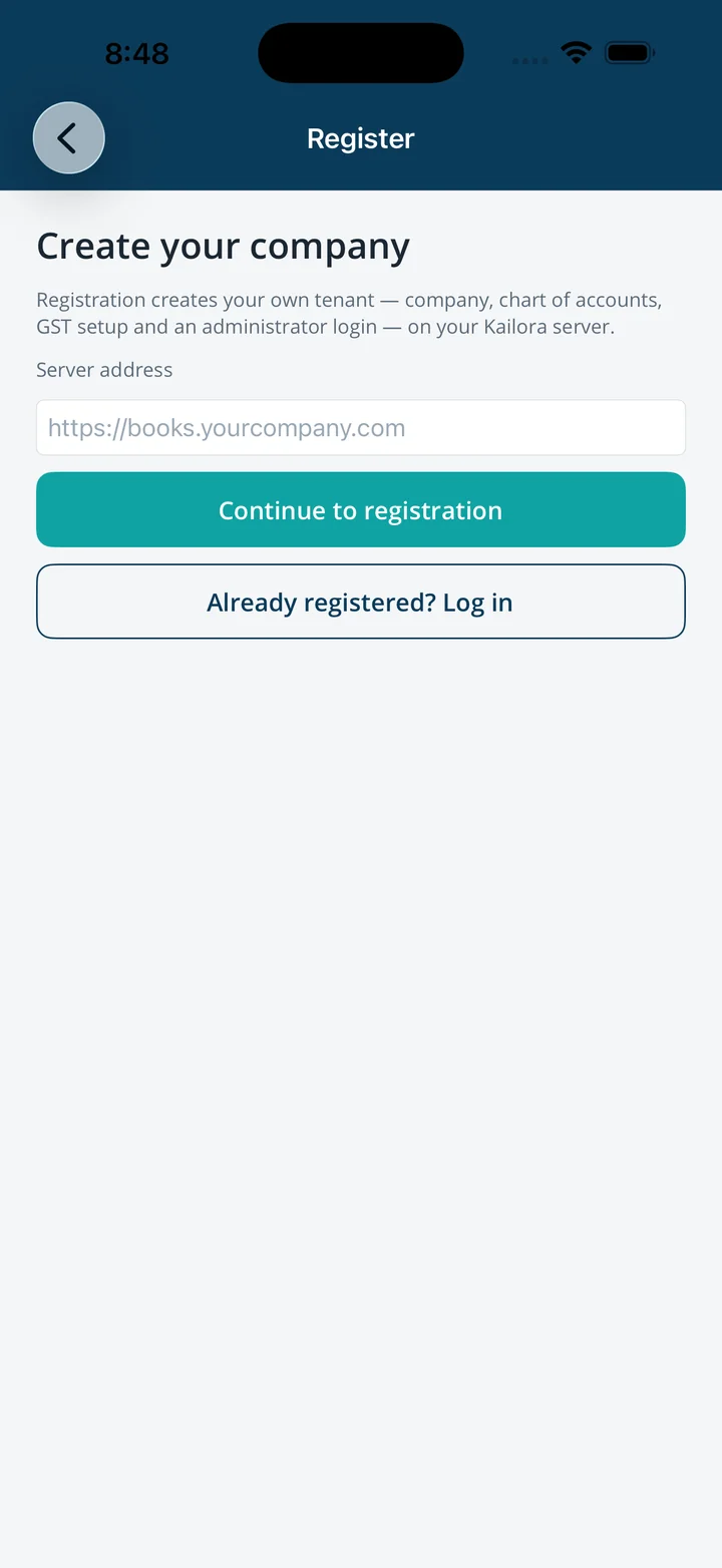 Kailora iOS app — register