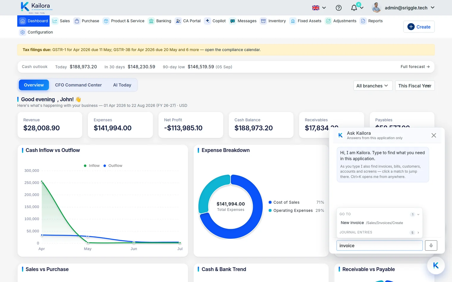 Ask Kailora finding 'New invoice' as you type